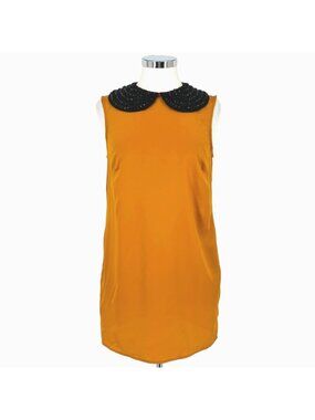 ASOS 60s Retro Mod Shift Dress Beaded Peter Pan Collar Mustard Yellow Size 8